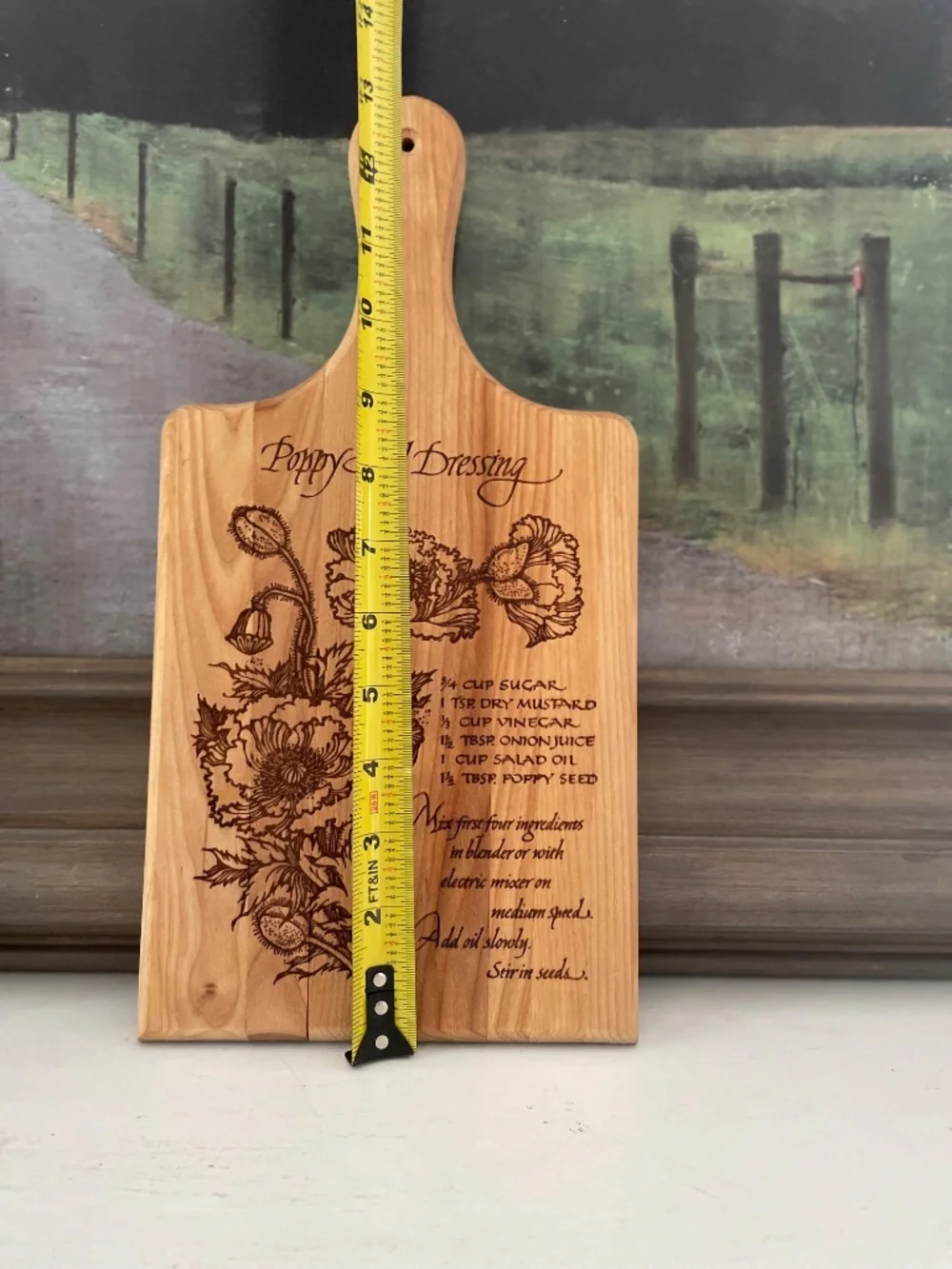 Wooden Floral Burnout Poppy Seed Dressing Recipe Cutting Board Kitchen Decor 13”